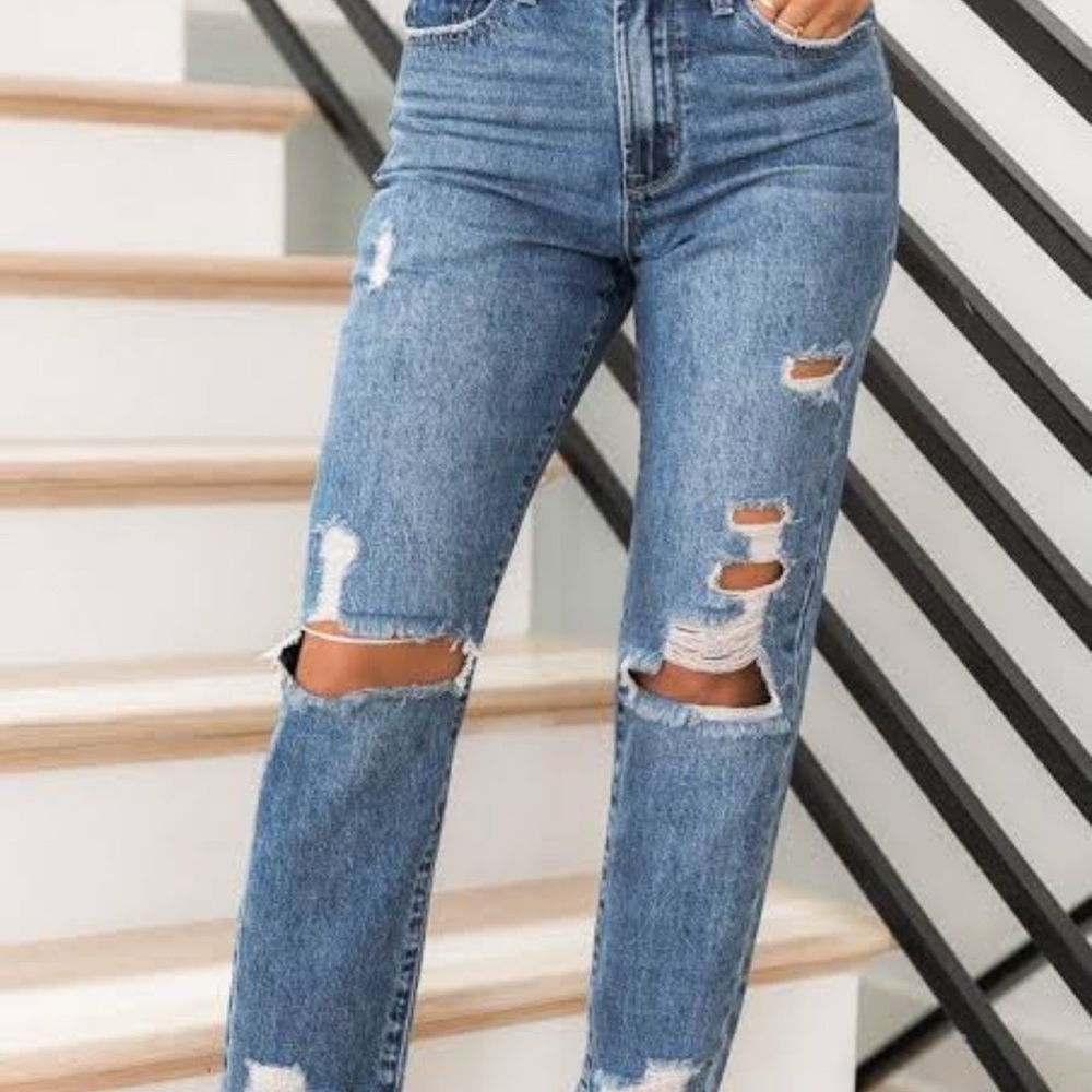 Pink Lily Ripped Blue Straight Leg Jeans